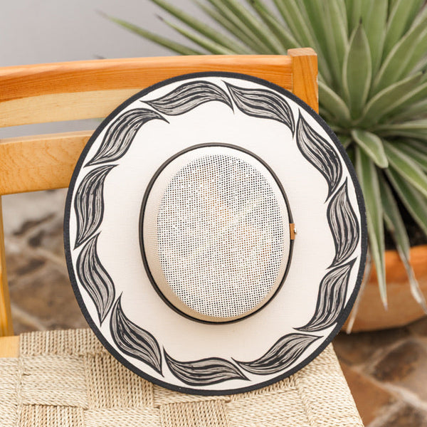 Maya Hand Painted Wide Brim Hat - Sand & White