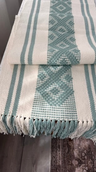 Handwoven Table Runner – White and Teal