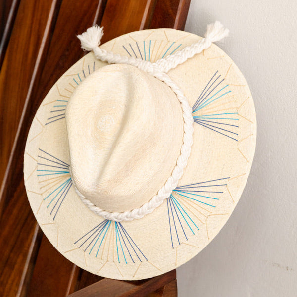 Embroidered Panama Hat - Cream and Blue
