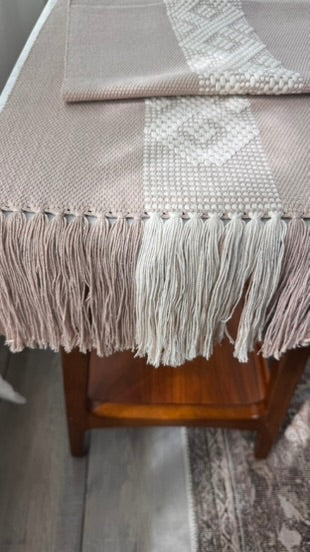 Handwoven Table Runner – Sand and White