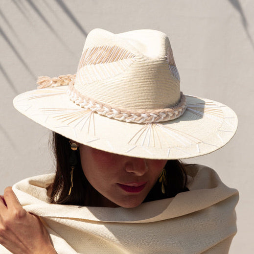 Embroidered Panama Hat - Cream and Tan Leaf