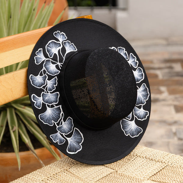 Luisa Hand Painted Wide Brim Hat - Black & White