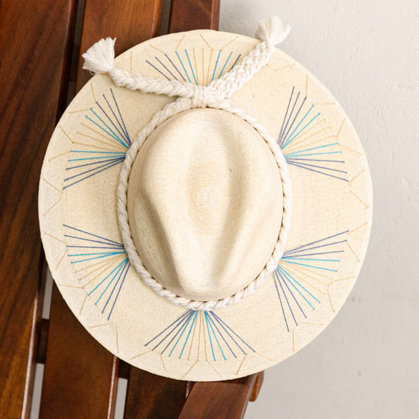 Embroidered Panama Hat - Cream and Blue
