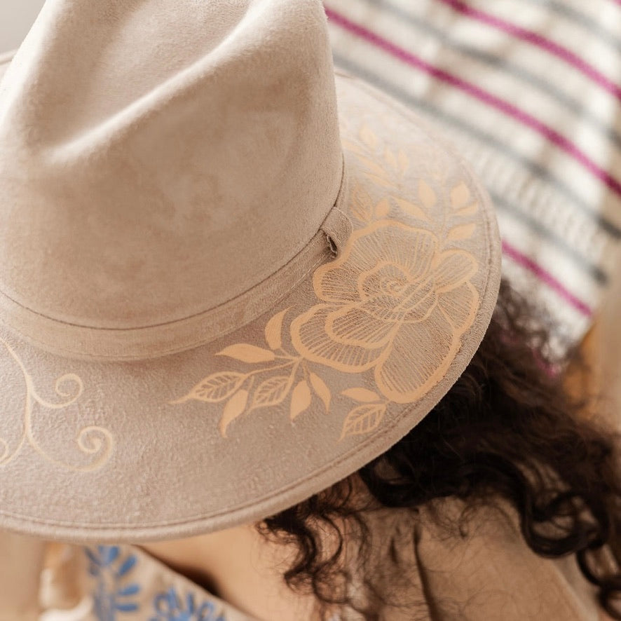 Hand Painted Rosario Hat - Tan Vegan Suede – Origin Mexico display picture 1