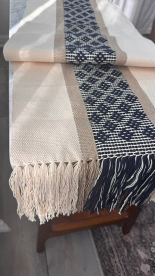Handwoven Table Runner – Navy and Tan