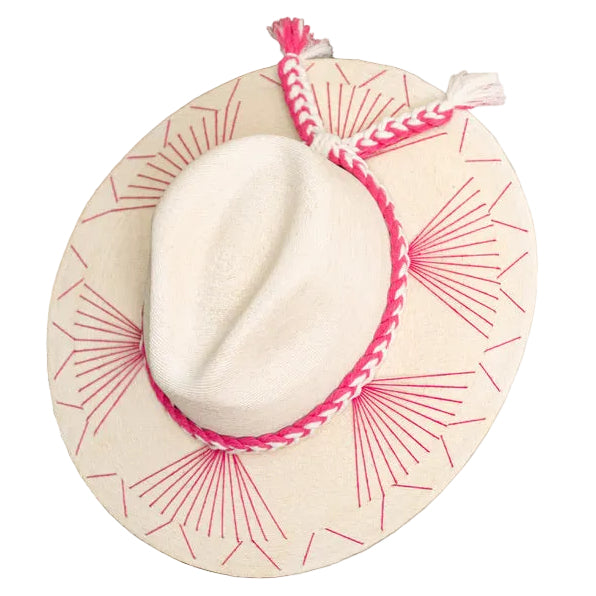 Embroidered Panama Hat - Cream and Pink