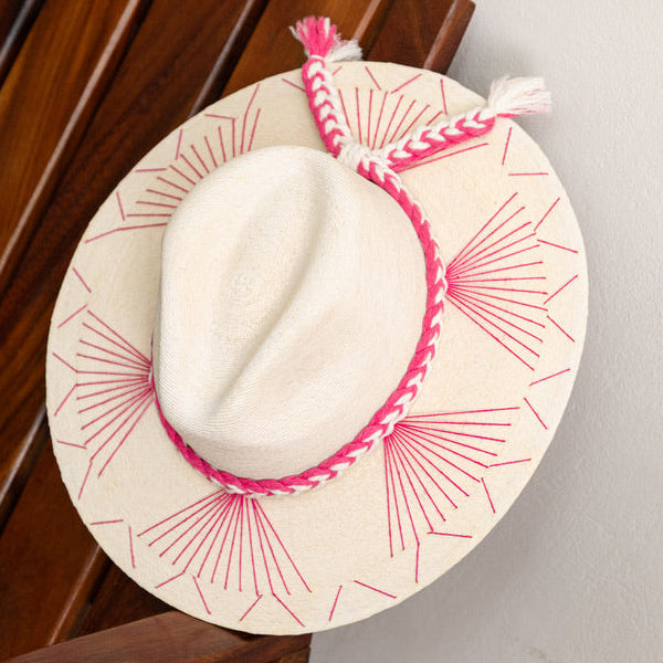 Embroidered Panama Hat - Cream and Pink