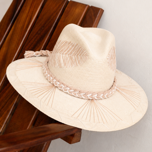 Embroidered Panama Hat - Cream and Tan Leaf