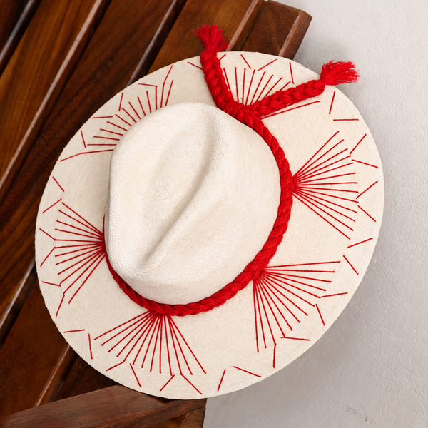 Embroidered Panama Hat - Cream and Red