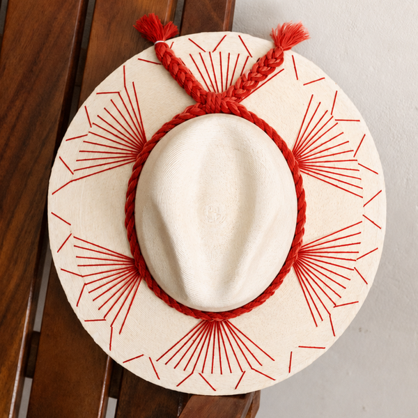 Embroidered Panama Hat - Cream and Red