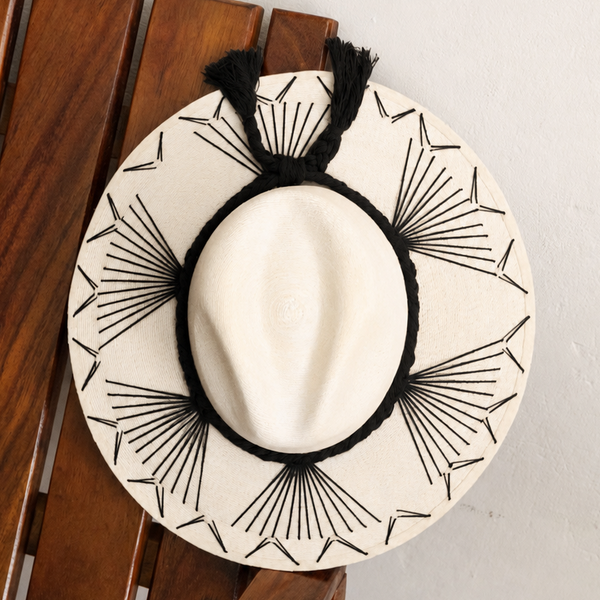 Embroidered Panama Hat - Cream and Black