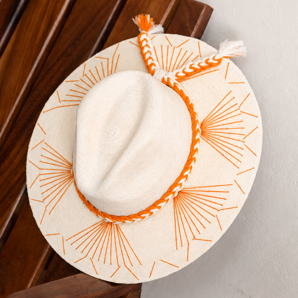 Embroidered Panama Hat - Cream and Orange