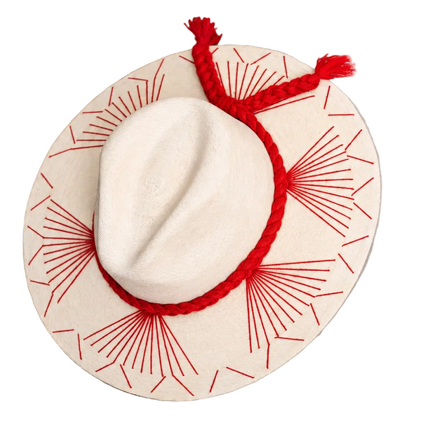 Embroidered Panama Hat - Cream and Red