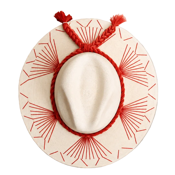 Embroidered Panama Hat - Cream and Red