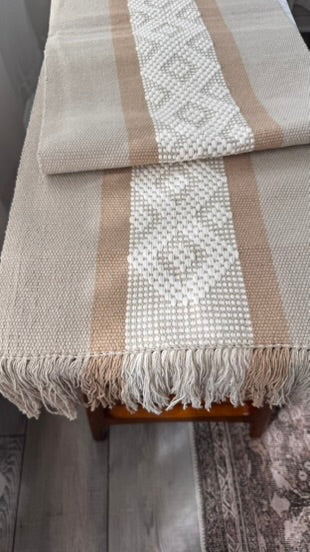 Handwoven Table Runner – Tan, Camel and White