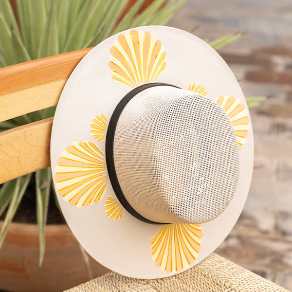 Marina Hand Painted Wide Brim Hat - Tan & Gold