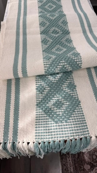 Handwoven Table Runner – White and Teal