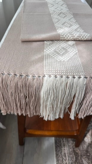 Handwoven Table Runner – Sand and White