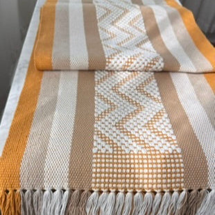 Handwoven Table Runner – Mustard, Tan and White