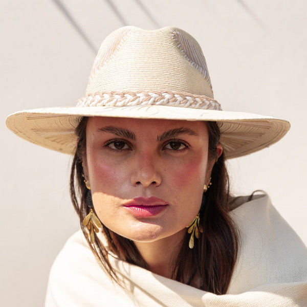 Embroidered Panama Hat - Cream and Tan Leaf