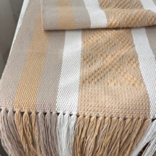 Handwoven Table Runner – Tan and White