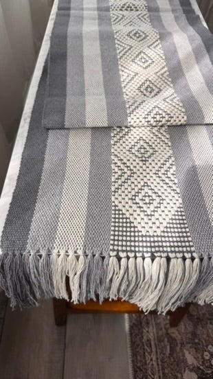Handwoven Table Runner – Grey and White