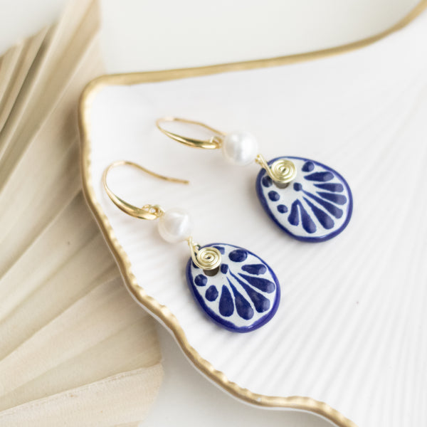 Renata Earrings - 14K Gold Plated Blue Talavera