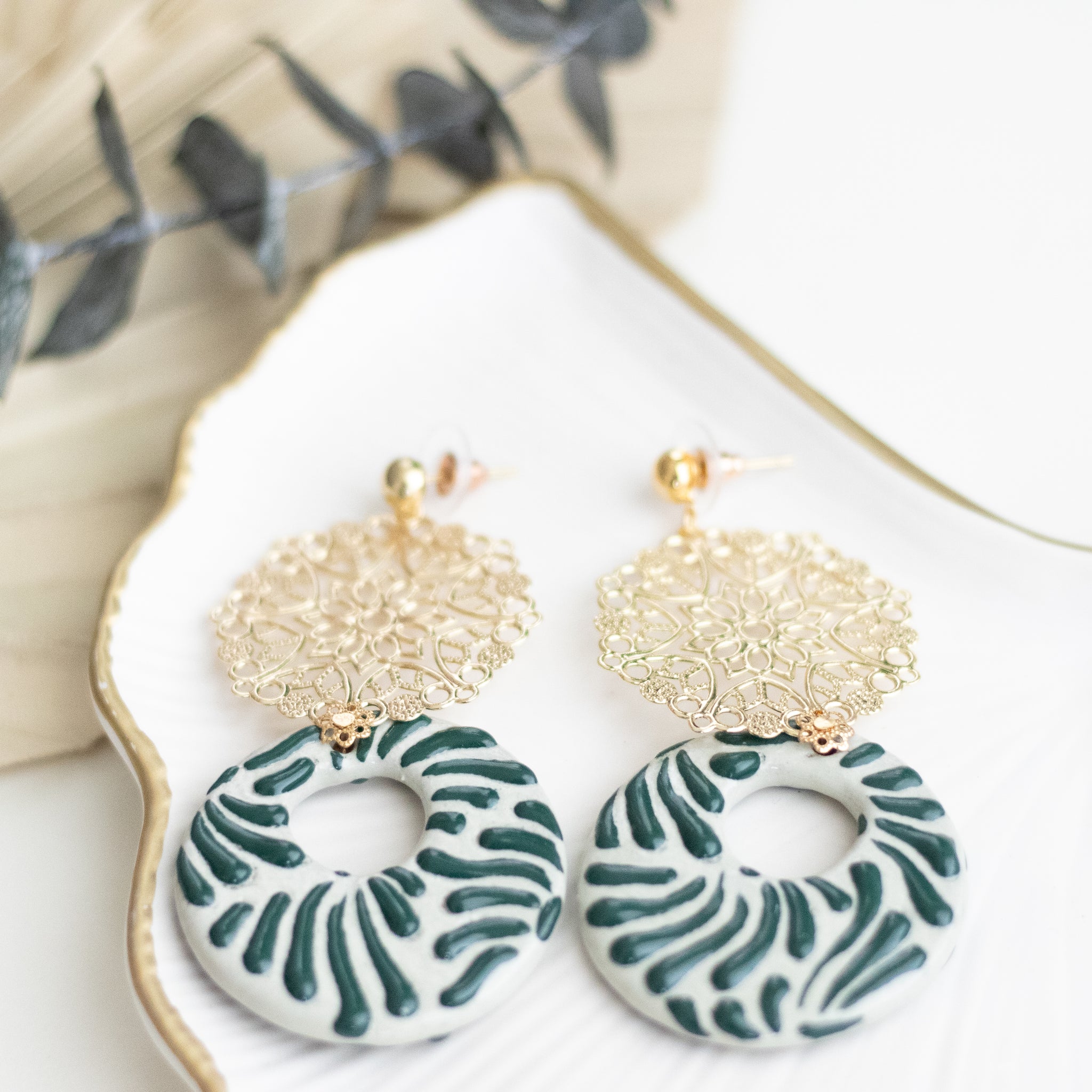 Yolanda Earrings Green and White - 14K Gold Plated Talavera