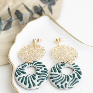 Yolanda Earrings Green and White - 14K Gold Plated Talavera