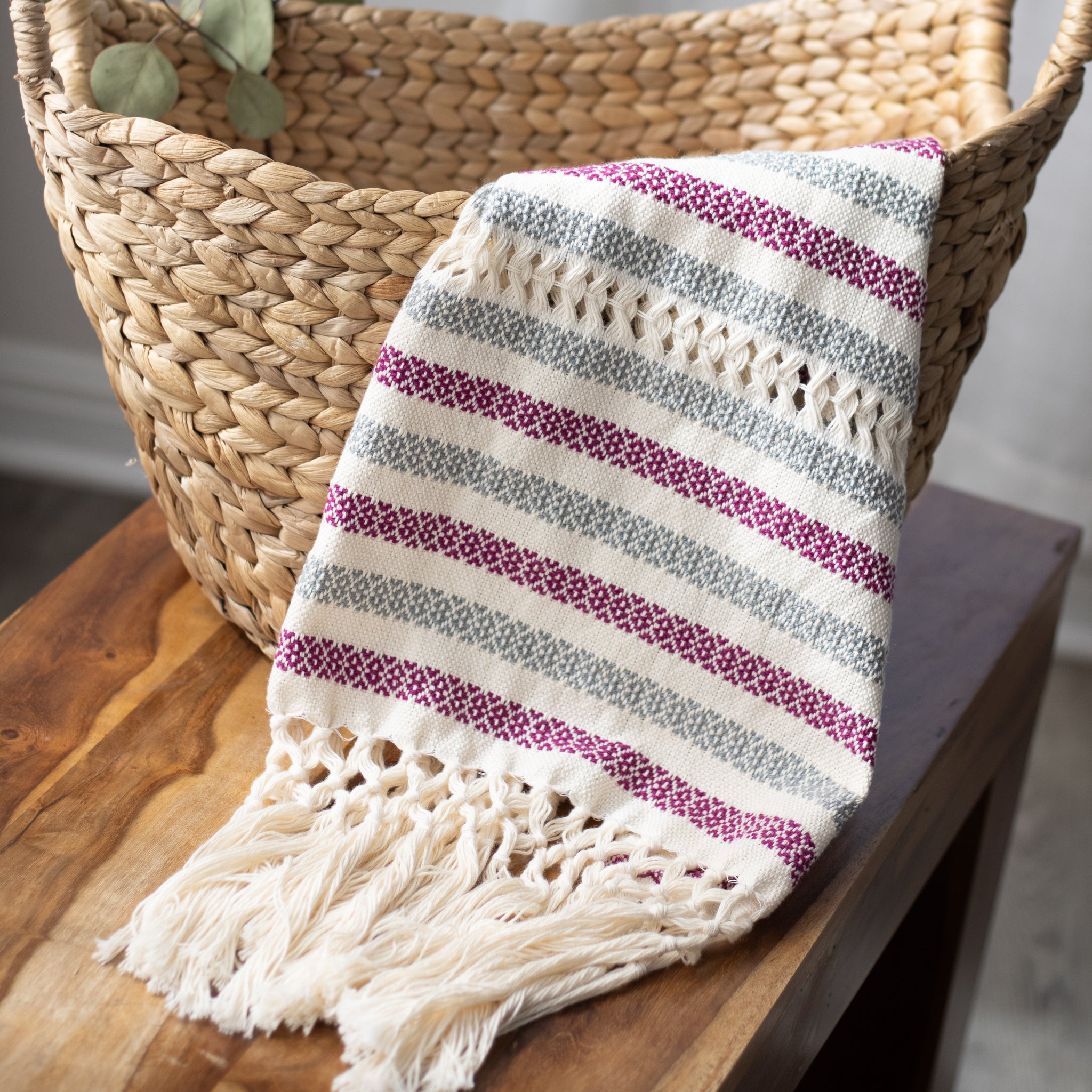 Handwoven Mexican Rebozo in Berry and Grey – Organic Cotton Shawl