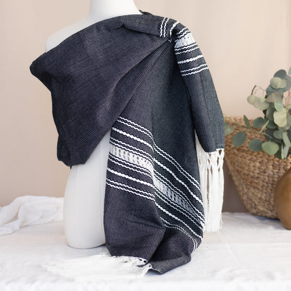 Handwoven Mexican Rebozo in Black– Organic Cotton Shawl