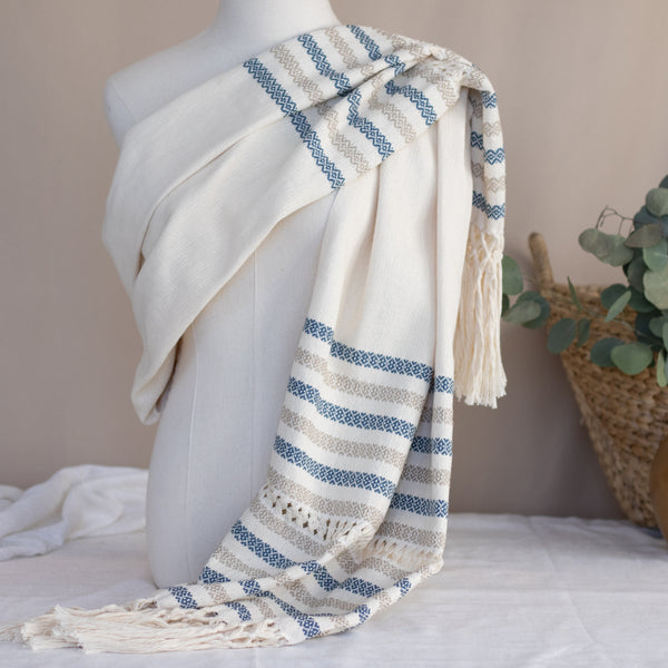 Handwoven Mexican Rebozo in Blue and Sand – Organic Cotton Shawl