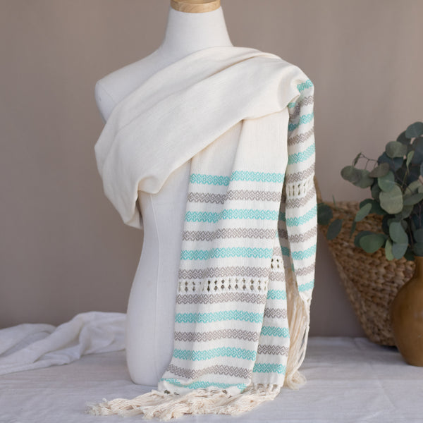 Handwoven Mexican Rebozo in Teal and Grey – Organic Cotton Shawl