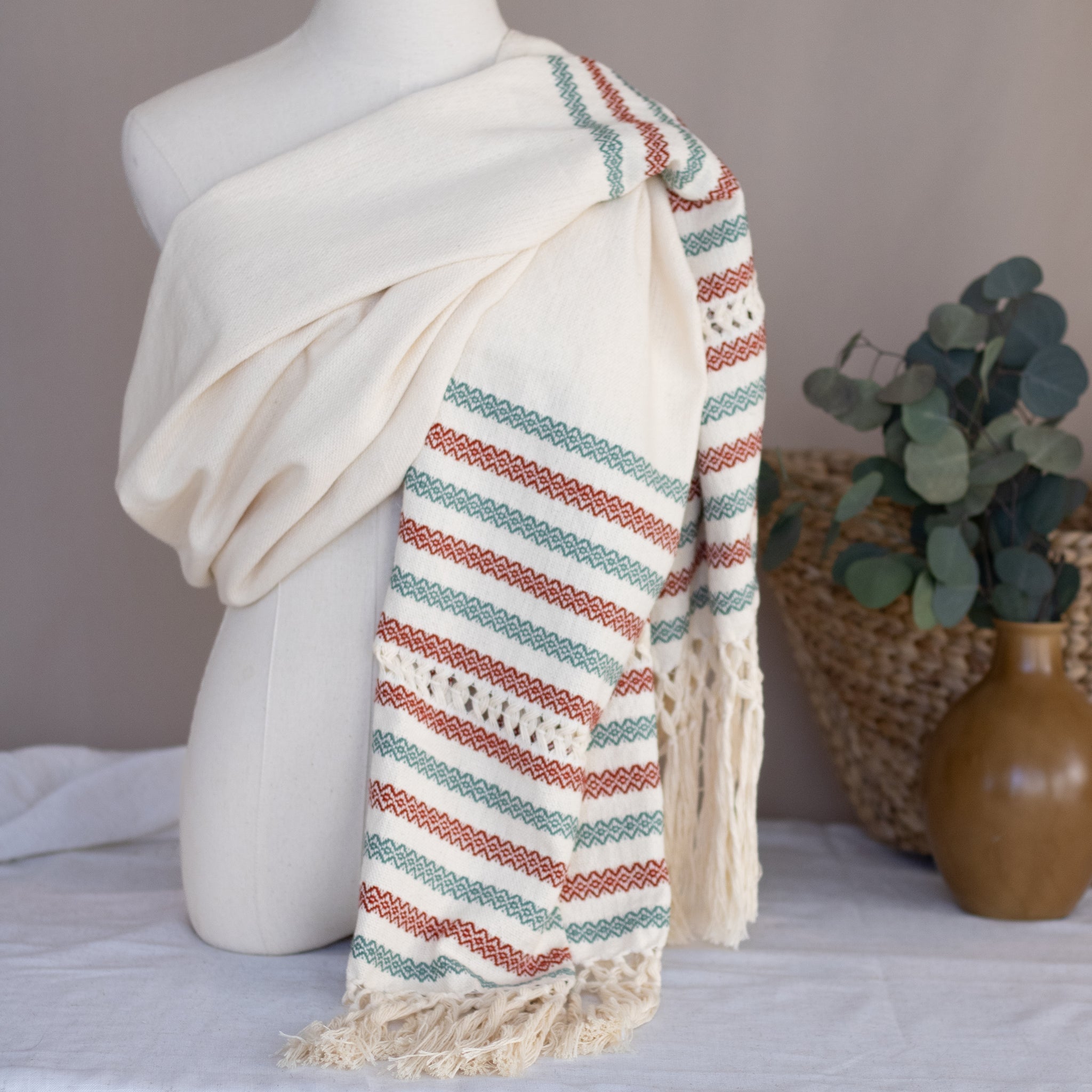 Handwoven Mexican Rebozo in Green and Brick– Organic Cotton Shawl