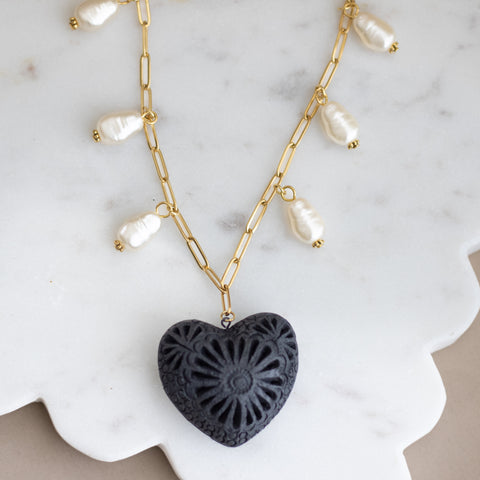 Alma - Black Clay Statement Necklace 18K Gold Plated