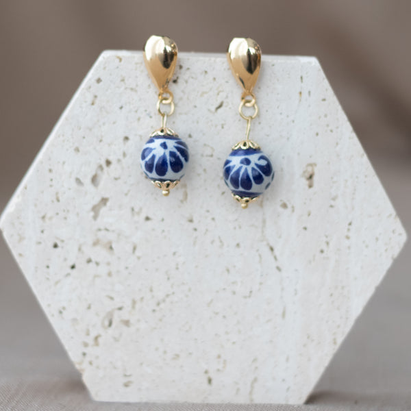 Marisol Earrings Blue & White - 18K Gold Plated Talavera