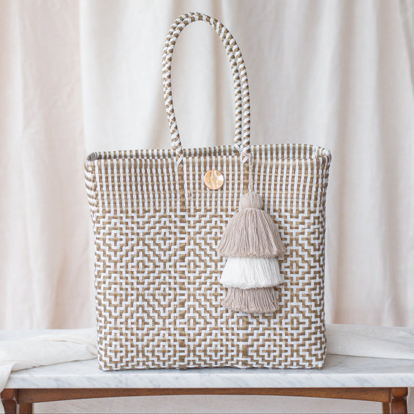 Handwoven Oaxaca Tote Bag - Gold & White