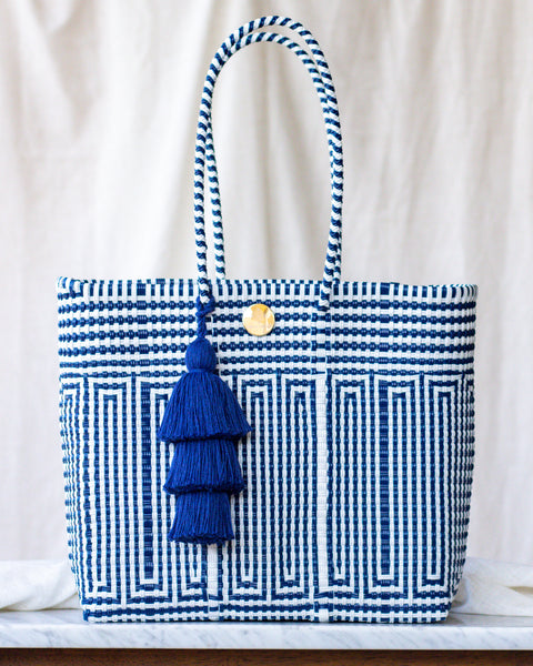 Handwoven Oaxaca Tote Bag - White and Navy