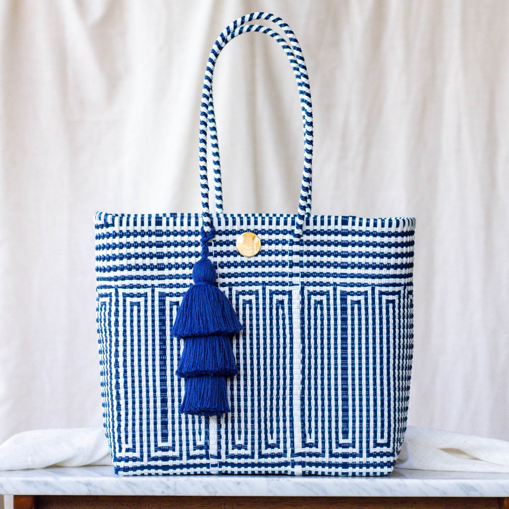 Handwoven Oaxaca Tote Bag - White and Navy