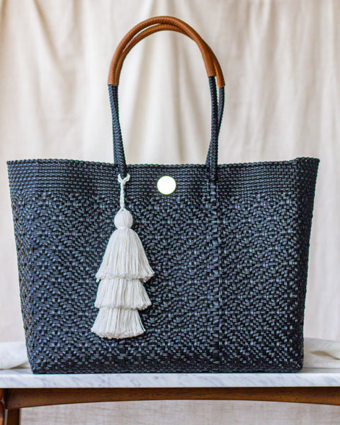 Handwoven Oaxaca Tote Bag - Black with Leather Handles