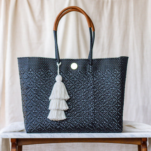Handwoven Oaxaca Tote Bag - Black with Leather Handles