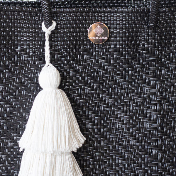 Handwoven Oaxaca Tote Bag - Black with Leather Handles