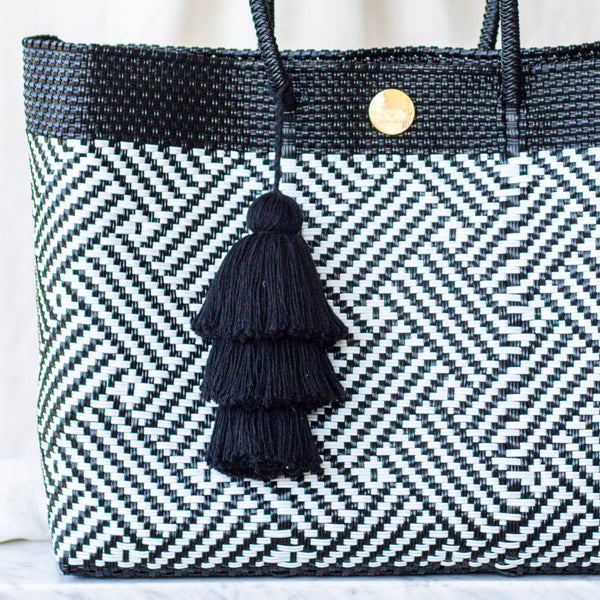 Handwoven Oaxaca Tote Bag - Black and White with Leather Handles