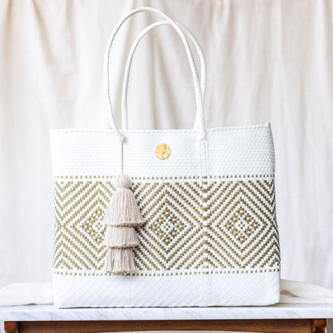 Handwoven Oaxaca Tote Bag - White & Gold
