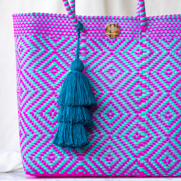 Handwoven Oaxaca Tote Bag - Teal and Magenta
