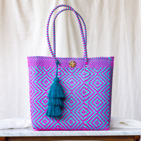 Handwoven Oaxaca Tote Bag - Teal and Magenta