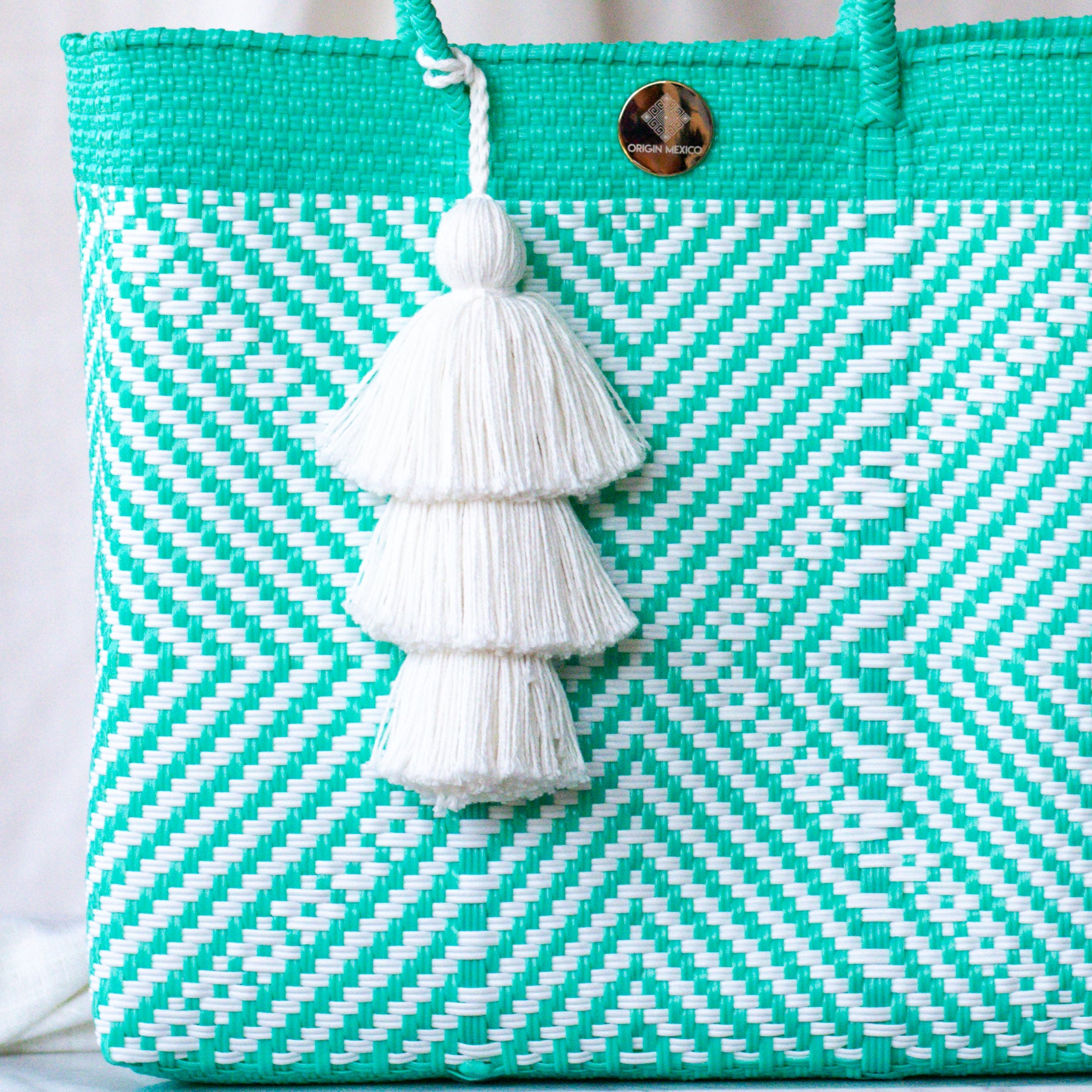 Handwoven Oaxaca Tote Bag - Teal ad White