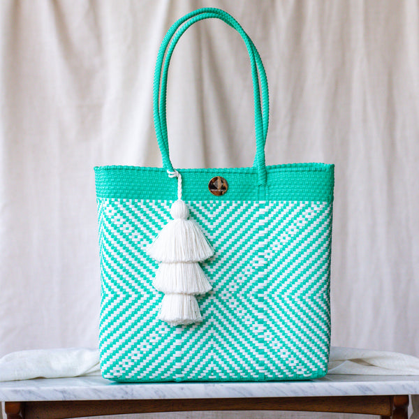 Handwoven Oaxaca Tote Bag - Teal ad White