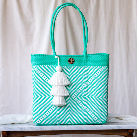 Handwoven Oaxaca Tote Bag - Teal ad White