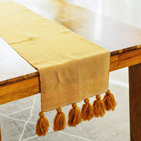 Handwoven Table Runner with Tassels - Mustard
